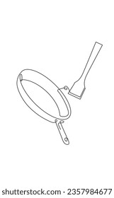Cocinando sartén y espátula. Ilustración de la cocina. Se puede usar como afiche, pegatina, impresión, decoración de pared. Dibujo continuo de líneas.