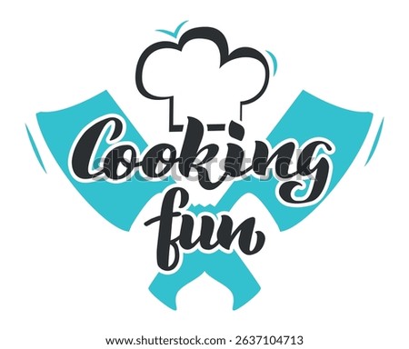 Cooking fun hand drawn lettering with chef hat and crossed cleavers represents the joy and excitement of culinary experiences, perfect for food blogs, cooking classes, or kitchen decor