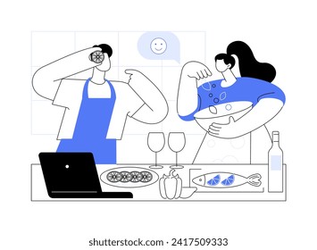 Cooking fun isolated cartoon vector illustrations. Happy couple laughing and cooking together, home kitchen appliances, food preparation with fun, reading recipe on laptop vector cartoon.