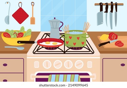 Cooking gas stove on kitchen. Food prepare on cooker, prepare meal process. Cutting vegetables, fried eggs and doing pasta in saucepan, decent vector background