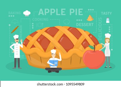 Cooking giant apple pie. Chefs in uniform building food.