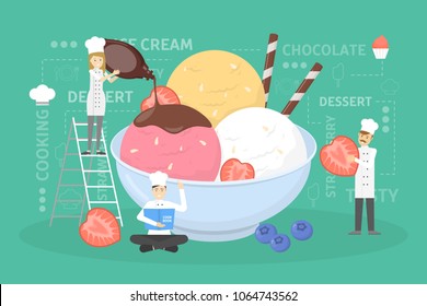 Cooking giant ice-cream. Chefs in uniform building food.