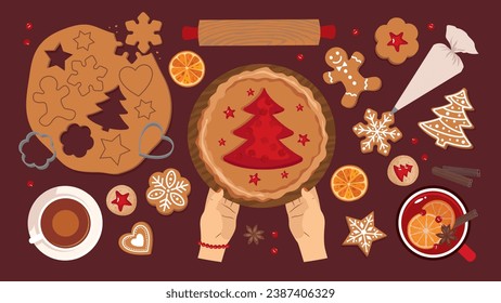 Cooking gingerbread and Christmas baking set. View from above. Preparation and decoration of gingerbread cakes of different shapes. A pie with a Christmas tree. Top view. Illustrated vector clipart.