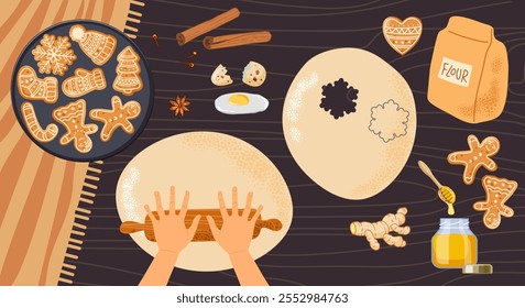 Cooking gingerbread at home on wooden table. Human hands cooking food, ingredients, gingerbread. Vector illustration isolated on white background. Bakery process Kitchenware, cooking utensil