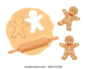 Cooking gingerbread men. Raw dough, rolling pin and gingerbread cookies. Christmas or New Year vector illustration. Cartoon flat style.