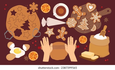 Cooking gingerbread set. View from above. Preparation and decoration of gingerbread cakes of different shapes. Top view. Illustrated vector clipart.