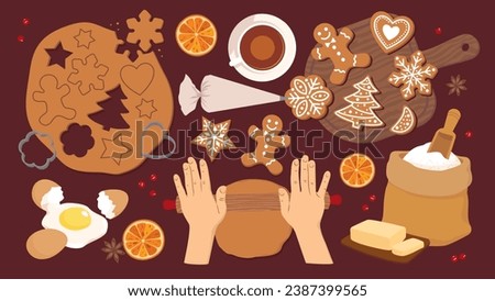 Cooking gingerbread set. View from above. Preparation and decoration of gingerbread cakes of different shapes. Top view. Illustrated vector clipart.