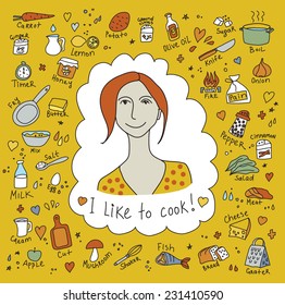 Cooking girl and objects Color vector Illustration. Funny card with happy girl.