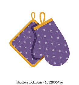 Cooking glove and kitchen towel icon in flat design. Hanging oven mitten in cartoon style.