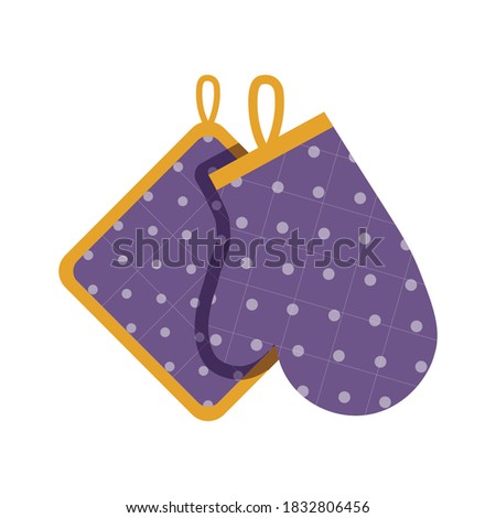 Cooking glove and kitchen towel icon in flat design. Hanging oven mitten in cartoon style.