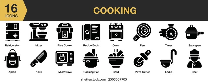 Cooking Glyph icon set. Includes Apron, bowl, knife, pan, rice cooker, saucepan, and More. Solid icons vector collection.