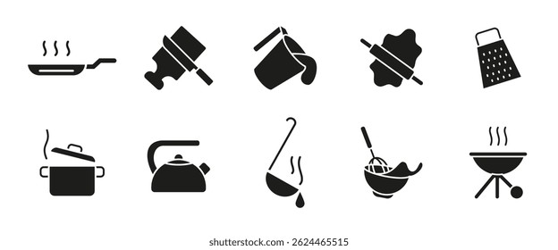 Cooking glyph icon set. Kitchen utensil and food preparation black vector illustration. Frying pan, pot, whisk, grater, ladle and barbecue symbols. Culinary tools for meal and dish creation.