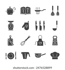 Cooking glyph icon set. Vector collection with pan, scales, cookbook, dish, knife, cutting board, potholder, toque.