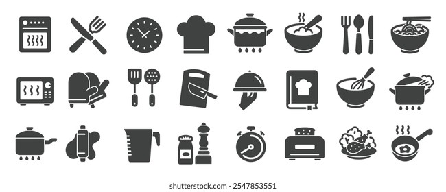 Colección de iconos sólidos de glifo de cocina. Contiene comida, chef, recibos, iconos de cocina, etc. Para el diseño de marketing de Sitio web, logotipo, App, Plantilla, ui, etc. Ilustración vectorial.