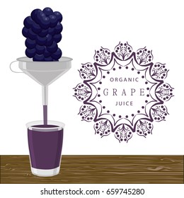 Cooking grape juice in juicer, tasty bright liquid from squeezer. Juicer pattern consisting of beautiful cone shaped, squeezer to healthy grape juice. Squeezer for grape juice, natural steel juicer.