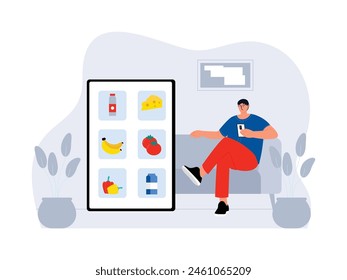 Cooking groceries via online supermarket app, vector illustration.