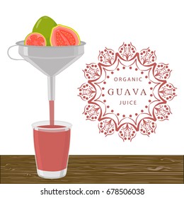 Cooking guava juice in juicer, tasty bright liquid from squeezer. Juicer pattern consisting of beautiful cone shaped, squeezer to healthy guava juice. Squeezer for guava juice, natural steel juicer.