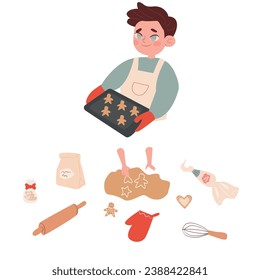 Cooking. the guy cooks. Cooking gingerbread. A set of cooking illustrations. christmas