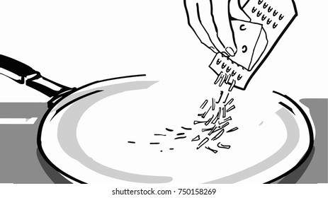 Cooking. Hand cooks rub cheese on a grater, grated cheese fall into the frying pan. Black and white vector sketch. Simple drawing. 