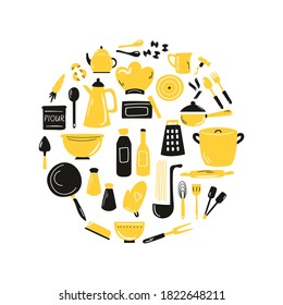 Cooking hand drawn abstract design with kitchen amenities, equipment. Sketched vector illustration.