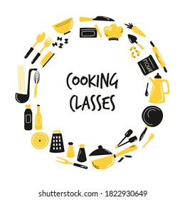 Cooking hand drawn abstract design with kitchen amenities, equipment. Sketched vector illustration.