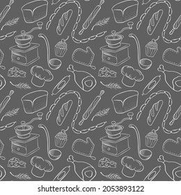 Fondo dibujado a mano. Preparando doodles de comida de fondo gris. Ilustración vectorial.