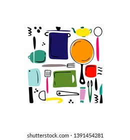 Cooking hand drawn vector illustration. Kitchenware design elements. Kitchen textile.Sketches of kitchenware