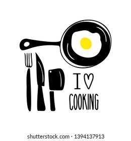Cooking hand drawn vector illustration. I love cooking lettering.Frying pan with fried eggs, fork and knives. Cooking concept