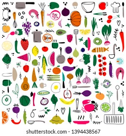 Cooking hand drawn vector illustration. Vegetables, berries, fruits and seafoods. kitchenware design elements. Kitchen textile.Sketches of kitchenware