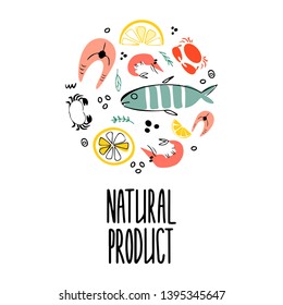 Cooking hand drawn vector illustration. Natural product lettering. Fresh and tasty seafood. Fish, shrimp, salmon and crab. kitchenware design elements. Menu design