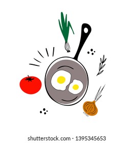 Ilustración vectorial dibujada a mano. El concepto de comida rápida. Pan con huevos fritos, verduras y elementos de diseño alrededor