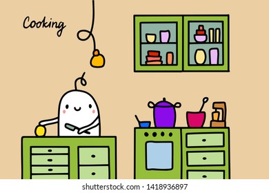 Cooking hand drawn vector illustration in cartoon style. Men on the kitchen cutting fruit