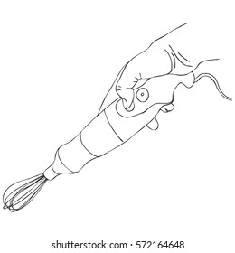 cooking hand with electrical whisk, line drawing isolated symbol at white background