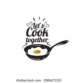 Cooking hand written lettering logo with egg and pan icon design template