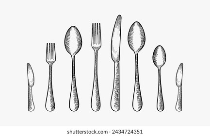 Cooking. Hand-drawn set of kitchen tools - spoon, fork, knife, bottle opener, teaspoon