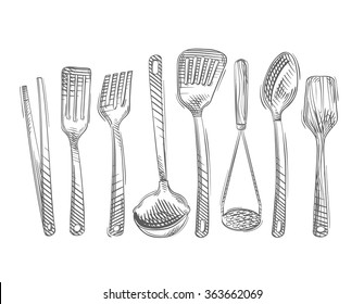 Cooking. Hand-drawn set of kitchen tools