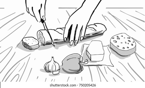 Cooking. Hands cut loaf. Food products: butter, garlic, bell pepper, cheese are on the wooden table. Black and white vector sketch. Simple drawing. 