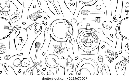 Cooking hands outlines seamless pattern. Chef hands holding kitchen items. Teapot, cup, knife, spoon, ladle, lid, whisk, plate.