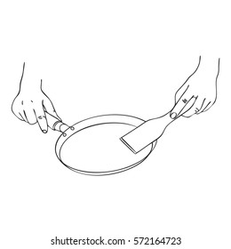 cooking hands with pan and turner, line drawing isolated symbol at white background