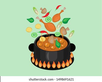 Cooking has meat and vegetables with the pot.
