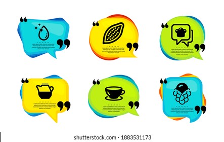 Cooking hat, Cocoa nut and Espresso icons simple set. Speech bubble with quotes. Water drop, Milk jug and Ice cream signs. Chef, Vegetarian food, Coffee cup. Vector