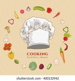 Cooking hat cook fresh vegetables hand drawn elements 