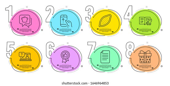 Cooking hat, Faq and Engineering documentation signs. Timeline steps infographic. Positive feedback, File and Gift box line icons set. Cocoa nut, Swipe up symbols. Award medal, Paper page. Vector