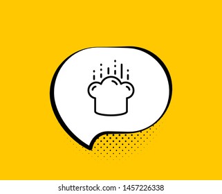 Icono de línea de sombrero de cocina. Burbuja de discurso cómico. Señal del chef. Símbolo de preparación de alimentos. Fondo amarillo con burbuja de chat. Icono de sombrero de cocina. Anuncio colorido. Vector