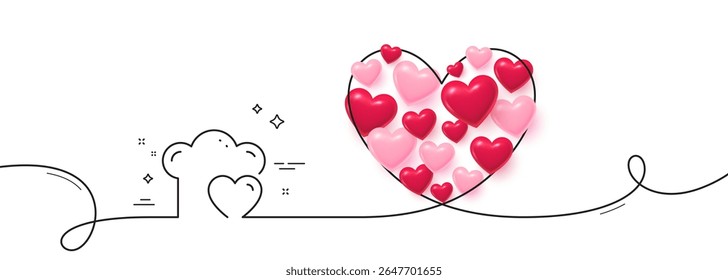 Cooking hat line icon. Continuous line big heart. Chef sign. Love food preparation symbol. 3d hearts in heart shaped loop. Love cooking single line ribbon. Loop curve pattern. Vector
