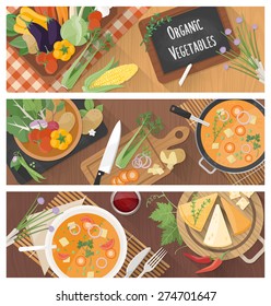 Cooking and healthy eating banner set with tasty soup recipe and food preparation at home