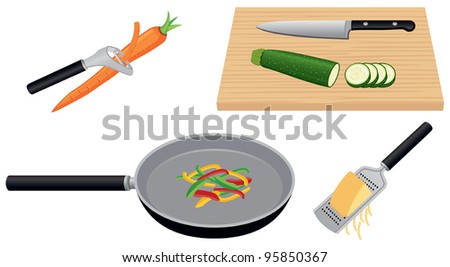 Cooking healthy food for dieting vector including peeling, slicing, sauteing and grating.
