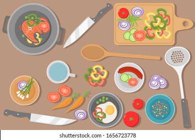 Cooking healthy food on kitchen. Useful meal on wooden table. Healthy eating, vegetables. Top view illustration of the kitchen utensil, chopping board with knife, dishes, plates and different foods. 