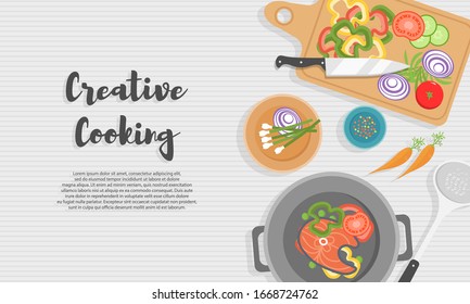 Cooking Healthy Food On Kitchen. Useful Meal On Wooden Table. Healthy Eating, Vegetables. Top View Illustration Of The Kitchen Utensil, Chopping Board With Knife, Dishes, Plates And Different Foods. 