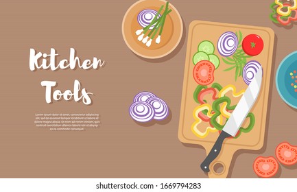 Cooking healthy food on kitchen. Useful meal on wooden table. Healthy eating, vegetables. Top view illustration of the kitchen utensil, chopping board with knife, dishes, plates and different foods. 